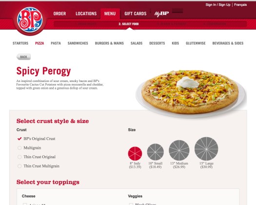 BP Pizza Menu